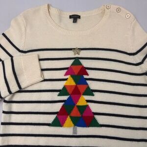 Talbots Women M Holiday Christmas Tree Cream Black Striped Crew Neck Sweater